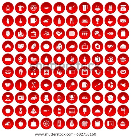 100 cooking icons set in red circle isolated on white vector illustration