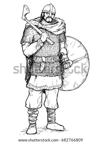 Hand drawing pen and ink illustration of ancient viking warrior in ring mail with war axe and shield. Royalty-Free Stock Photo #682766809