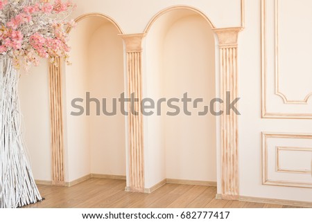Luxury light interior of sitting room with decorative columns