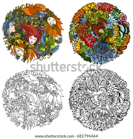 Set of two floral decorative element with surreal female faces, leaves, waves, branches and flowers. Black and white and color versions. Vector illustration for coloring pages or other.