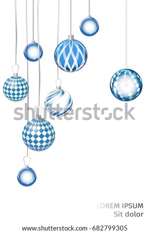 Vector blue xmas background abstract. Christmas ball snow ornaments set isolated. Christmas decoration with xmas lights and bokeh. New year blue decoration background. 
