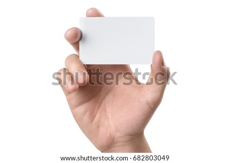 Male hand holding a blank card or a ticket/flyer, isolated on white background