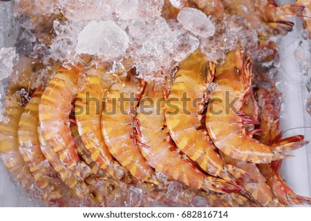 Seafood. Close up of raw shrimps on the market.