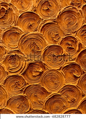 circular shell spiral background pattern texture on earthen wall surface, detail backdrop closeup abstract. Tropical wave shape, interior house decoration, home building exterior design, oriental art.