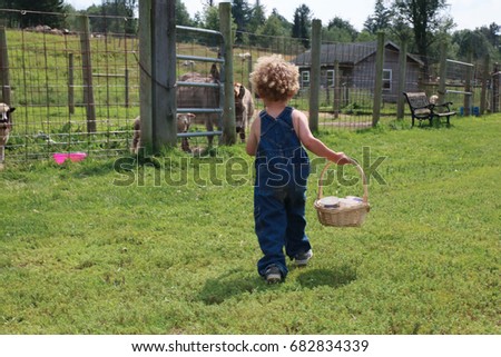 A little boy with blonde curls is running around on a farm, holding a wicker basket to feed his animals. It's a hot summer day and the child is wearing overalls with no shirt. 