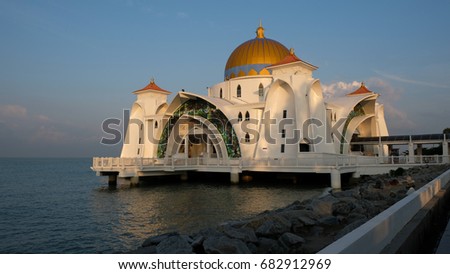 Strait Mosque of Malacca with amazing blue sky.