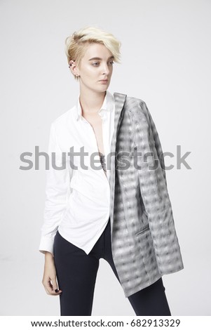 Smart Caucasian woman wear white shirt and suit on white background
