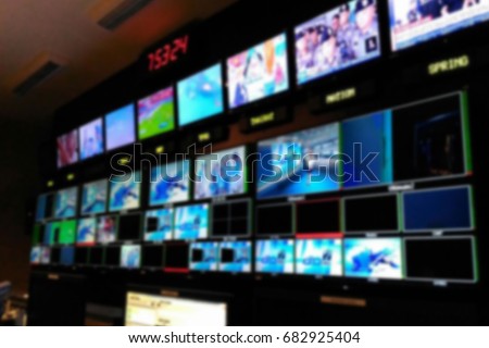 Blur image video switch of Television Broadcast, working with video and audio mixer, control broadcasts in recording studio.