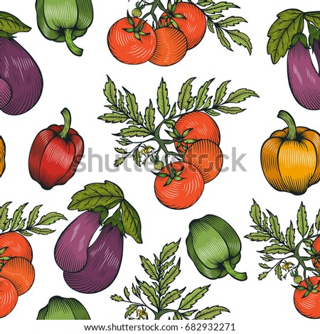 Seamless pattern with eggplant, tomato, pepper.Farm market product.Vector illustration.Great for menu; label; icon.Organic eco vegetable food