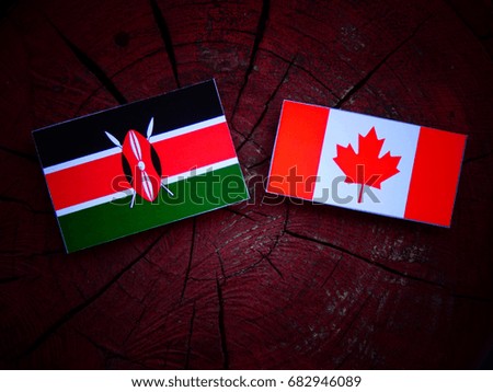 Kenyan flag with Canadian flag on a tree stump isolated