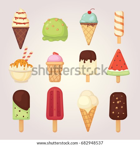 Collection of 12 vector cartoon ice cream illustrations. Summer food.