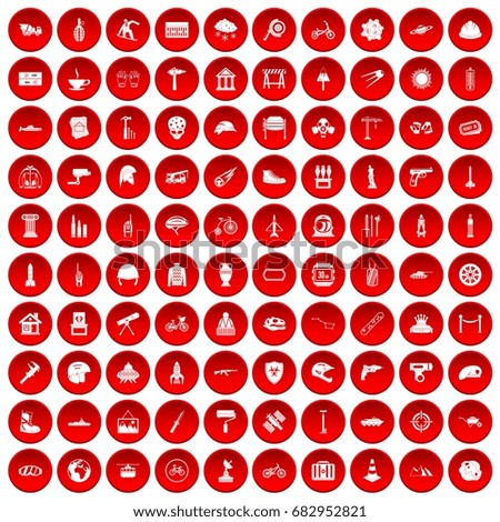 100 helmet icons set in red circle isolated on white vector illustration