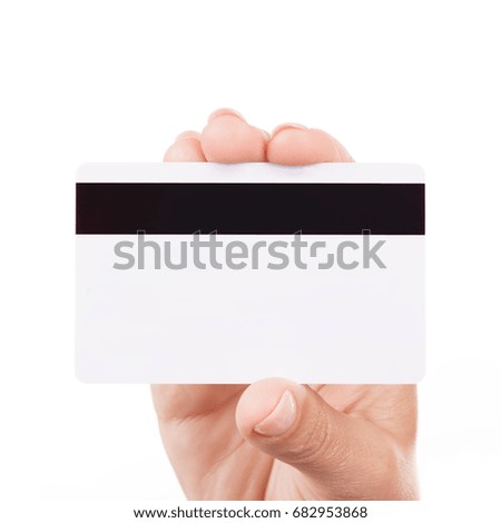 Woman Hand Holding White Blank Credit Card on a white background.