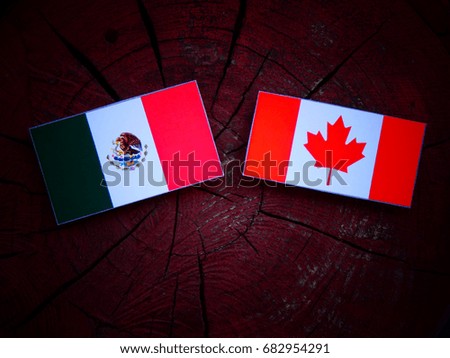 Mexican flag with Canadian flag on a tree stump isolated