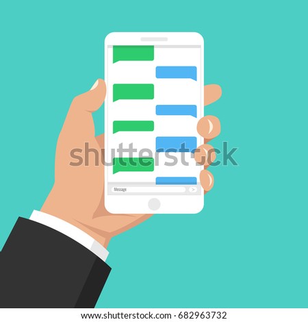 Hand holding smartphone with application with chat boxes. Flat cartoon style. Vector illustration.