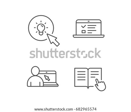 Instructions, Idea and Online education line icons. Student, Light bulb and Internet Lectures signs. Hand cursor or pointer. Quality design elements. Editable stroke. Vector Royalty-Free Stock Photo #682965574