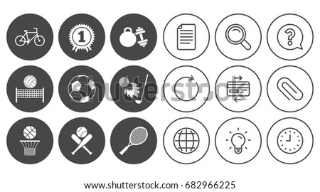 Sport games, fitness icons. Football, basketball and tennis signs. Golf, bike and winner medal symbols. Document, Globe and Clock line signs. Lamp, Magnifier and Paper clip icons. Vector