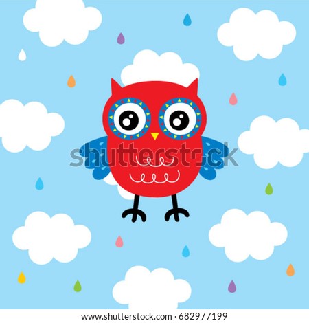 cute owl in rainbow rain poster vector
