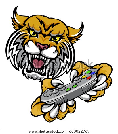 A wildcat or bobcat video game player online sports gamer animal mascot holding a controller