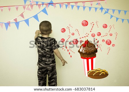 Concept of useful baby food. The little boy draws a sweet tooth on the wall. chocolate cake. Fantasy for children. Photo illustration for your desig