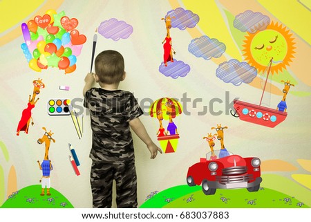 The concept of creativity and travel. The little boy draws on the wall. Machine, balloon and ship. Photo illustration for your design.