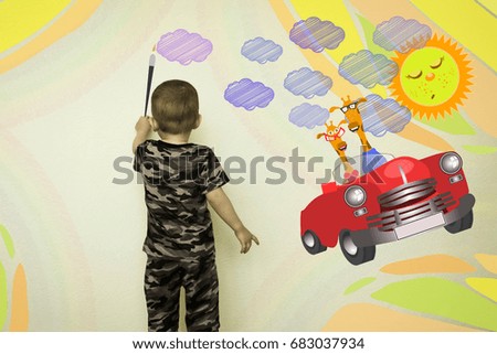 Concept of traveling with a child. The little boy draws on the wall. Machine with a pair of giraffes. Photo illustration for your design.