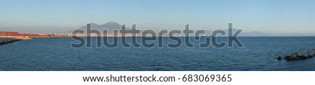 Panoramic view of the Gulf of Naples and Mount Vesuvius pictured from Naples, Campania, Italy.