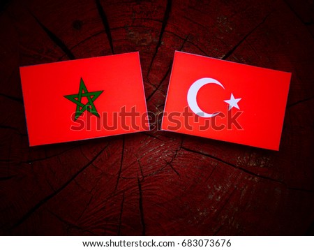 Moroccan flag with Turkish flag on a tree stump isolated