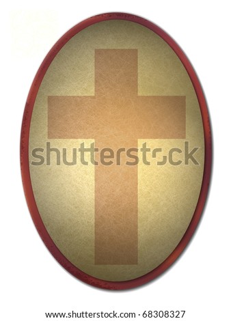 cross in background oval frame or button with lighting, texture, gold and brown color tones, and isolated on white