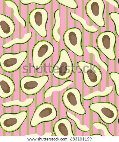 Avocado pattern. Tropical summer fruit engraved style background. Stripe background