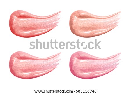 Set of different lip glosses pastel color smear samples isolated on white. Smudged makeup product sample. Royalty-Free Stock Photo #683118946
