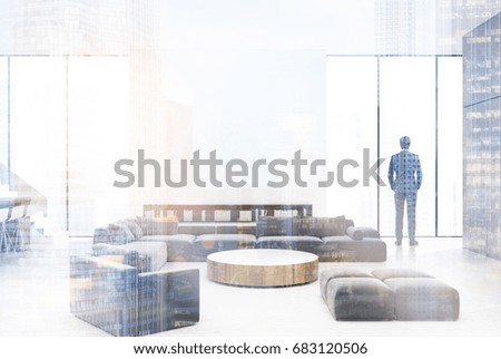 White and gray living room interior with a round table, gray sofas and armchairs near it, tall windows and book shelves. 3d rendering mock up toned image double exposure