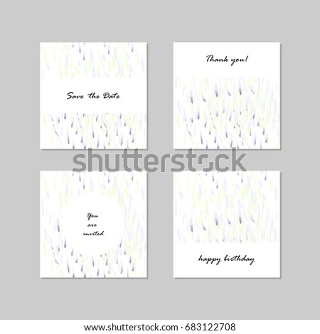 Set of artistic universal cards. Pastel colors.  Hand drawn brush texture. Tender design for wedding invitation, poster, brochure, anniversary, banner, cover, postcard, flyer
