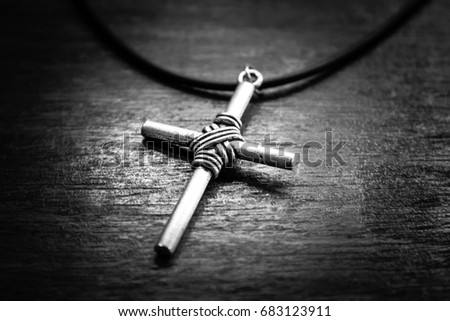 Crucifix on wood background, Religious cross,Faith hope,Black and white