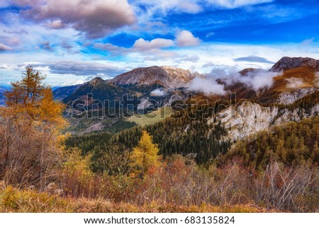 Bavaria, Idyllic Autumn Scenery. Picturesque sea of kings in Berchtesgaden, Germany. Lovely colorful trees in Fall October
