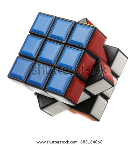 KRAGUJEVAC, SERBIA - DECEMBER 13, 2015: Rubik's 3x3x3 classic cube on a white background. Rubik's Cube invented by a Hungarian architect Erno Rubik in 1974. Royalty-Free Stock Photo #683164066