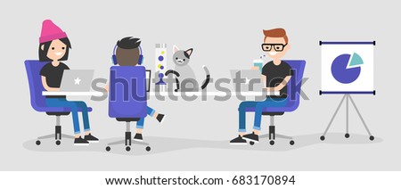 Modern office. A team of young employees working on their laptops / flat editable vector illustration, clip art