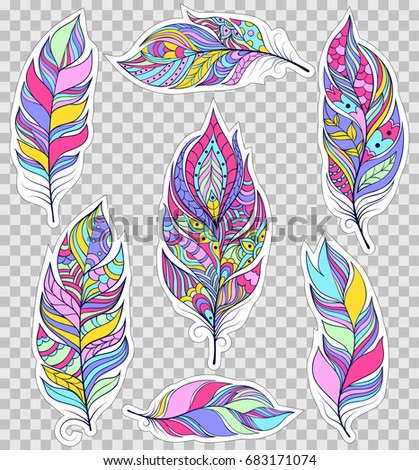 Set of colorful feathers on transparent background. Stickers for scrapbooking,gift boxes,skins,cases,wallets etc. Vector illustration.