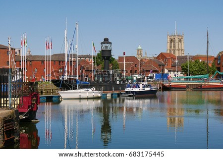View of the old Spurn Lightship moored in marina. Kingston upon Hull, Humberside. Royalty-Free Stock Photo #683175445