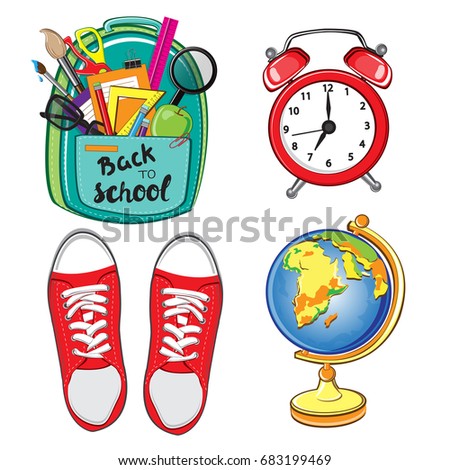 School backpack, sneakers, alarm clock, globe, notebook, ruler, glasses, paper clips on white background. School stationery