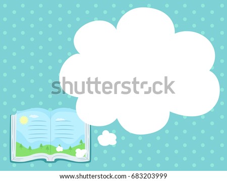 Illustration Featuring a Colorful Storybook With a Blank Thought Bubble Hanging Over It