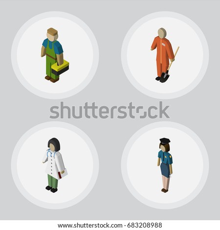 Isometric Human Set Of Cleaner, Policewoman, Doctor And Other Vector Objects. Also Includes Medic, Worker, Cleaner Elements.
