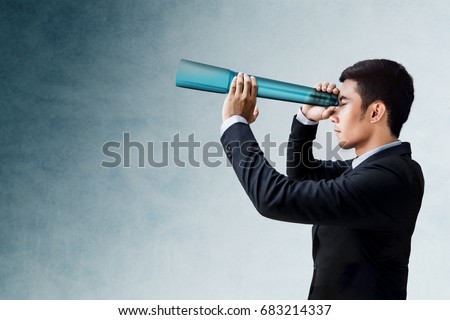 Business Vision and Leadership Concept, Businessman Looking or Searching for Success via transparent Telescope monocular, Side view