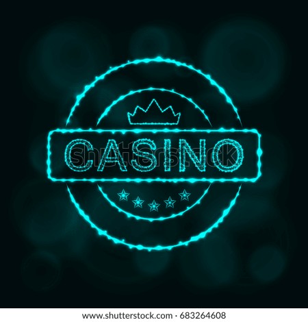 Casino icon. Casino emblem symbol lights silhouette design on dark background. Vector illustration. Glowing Lines and Points. Cyan color.