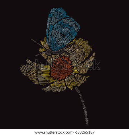 Elegant bouquet with butterfly over flower, design element. Floral composition can be used for wedding, baby shower, mothers day, valentines day cards, invitations. Embroidery decorative flowers
