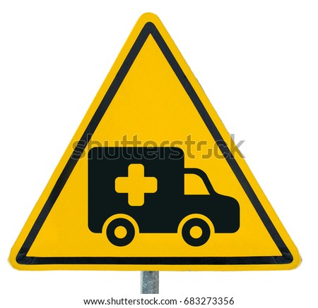 Ambulance icon on yellow triangle warning sign, warning sign, lable, Yellow warning sign, Yellow sign. isolated on white background