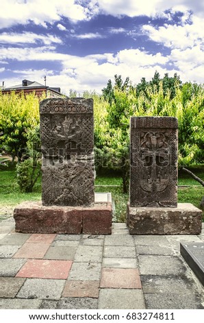  Medieval tombstones stone carved cross on the territory of the Church of Martyr Gayane in Etchmiadzin