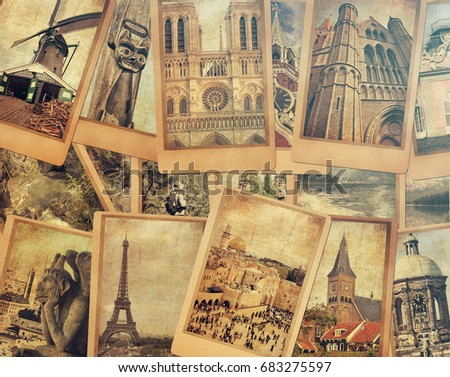 Vintage photo cards collage on the old wood background. European, Middle East and Canada travel. World tourism concept