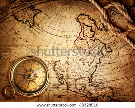 old compass and rope on vintage map 1746 Royalty-Free Stock Photo #68328010