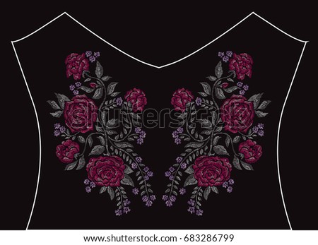 Decorative flowers in embroidery style on t-shirt or dress neck line. Editable colors